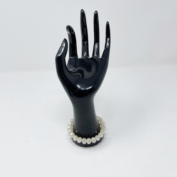 Cream Beaded Stretch Bracelet with Clear Gemstone Charm Fashion Statement - Picture 8 of 8